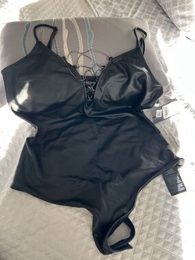 Guess Black Faux Leather Lace-Up Bodysuit